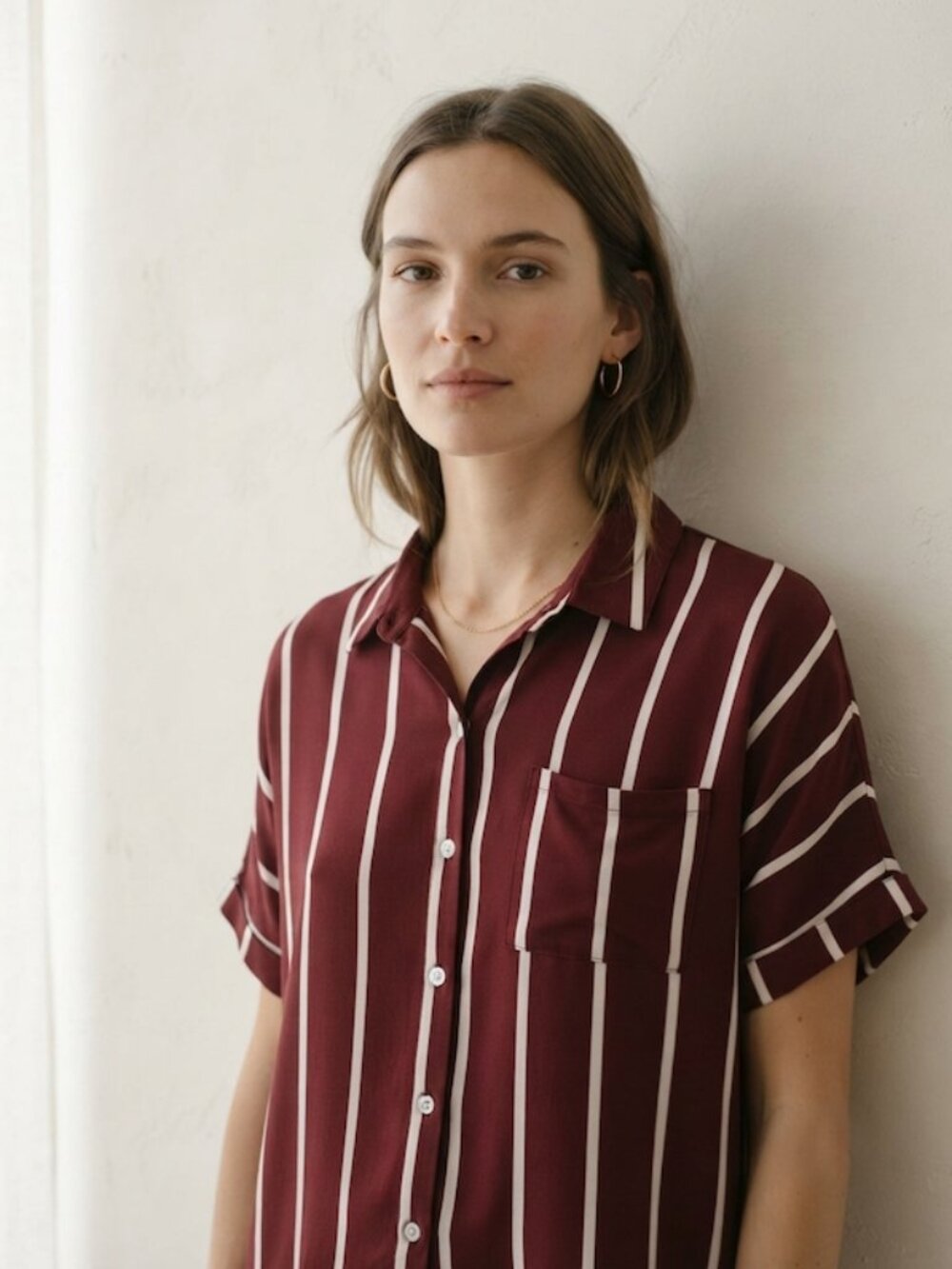 Sweet Rain Short Sleeve Button Down Shirt Striped Casual Burgundy XL